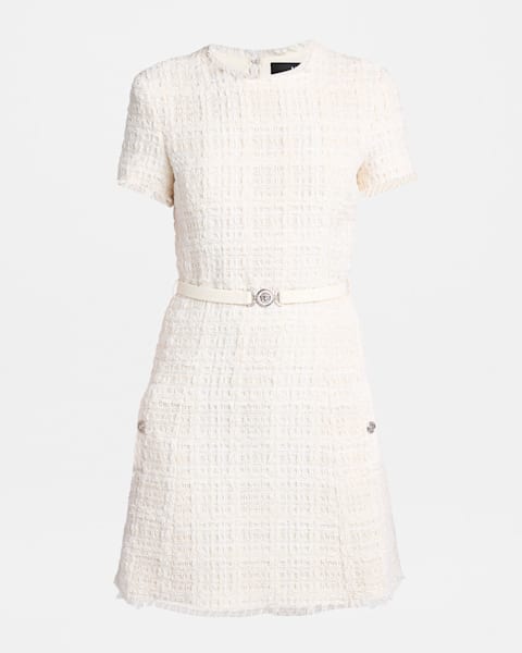 sachin and babi light blue dress Oscar De La Renta Floral Embroidered Short Cotton Tweed Shift Dress In  Neutral