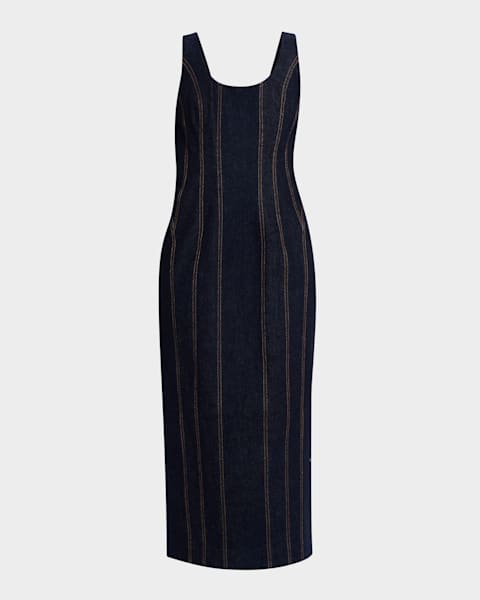 SIMKHAI Cici Bustier Denim Pinafore Midi Dress | Neiman Marcus