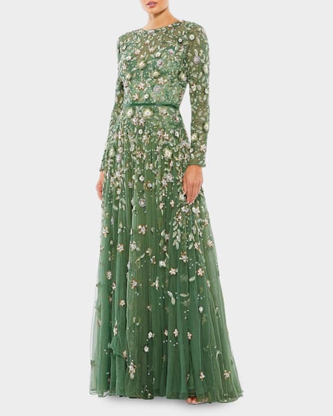 Badgley Mischka Satin Faux-Wrap Long Sleeve Gown