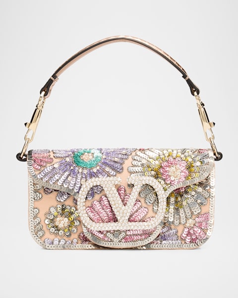 Valentino Garavani Small Floral-Embroidered Woven Flax Shoulder