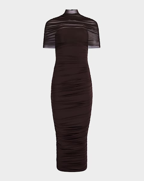 black ruched mesh bardot bodycon dress Favor main image 1
