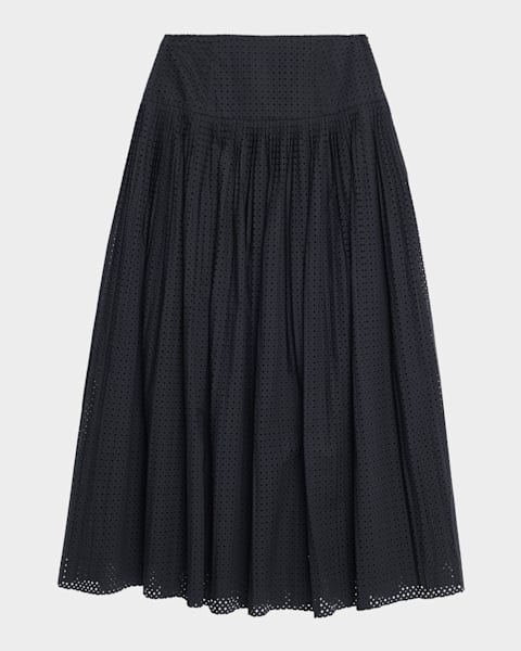 Valentino Garavani V-Logo Pleated Denim Midi Skirt | Neiman Marcus