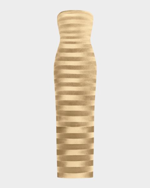 herve leger gold one shoulder dress Herve Leger The Tyra Asymmetric Gown