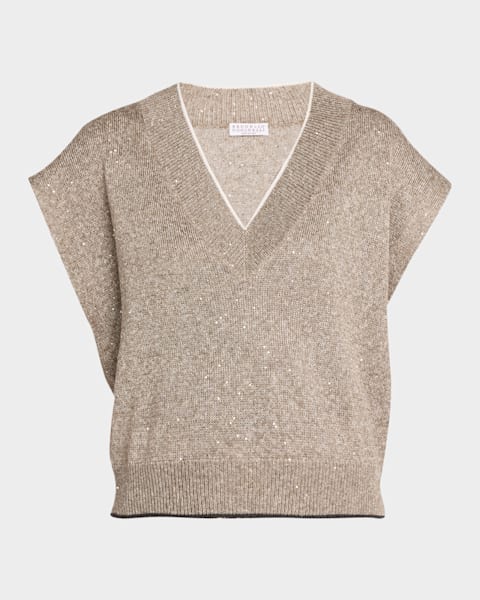 Brunello Cucinelli V-Neck Paillette Open-Knit Vest | Neiman Marcus