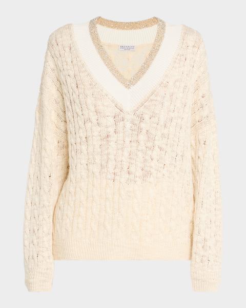 Brunello Cucinelli Openwork Braided Paillette Linen V-Neck Sweater