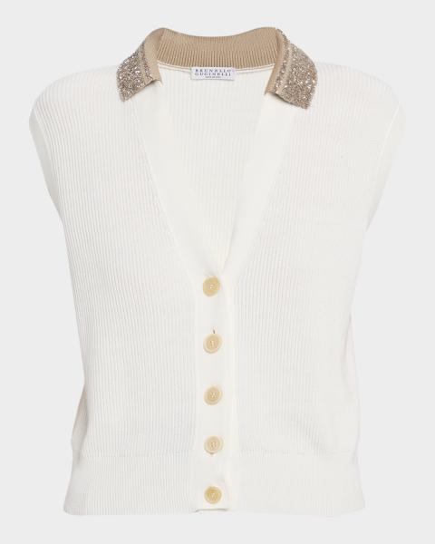 Brunello Cucinelli Sparkling Striped Crochet Knit Vest | Neiman Marcus