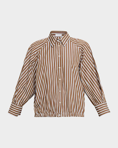 Brunello Cucinelli Striped Crispy Cotton-Silk Drawstring Button