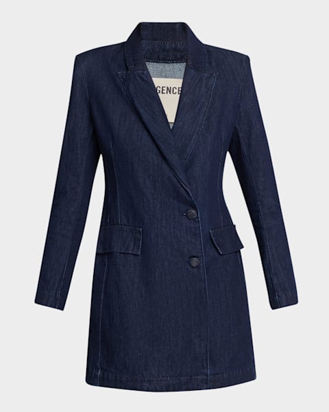 AREA Crystal Button Studded Denim Mini Blazer Dress | Neiman Marcus