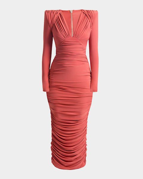 Aidan Mattox Pleated Bodycon Crepe Back Satin Midi Dress | Neiman