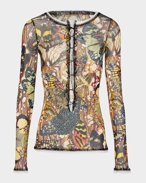 Jean Paul Gaultier Re-Edition Eyes And Lips-Print Mesh Long-Sleeve