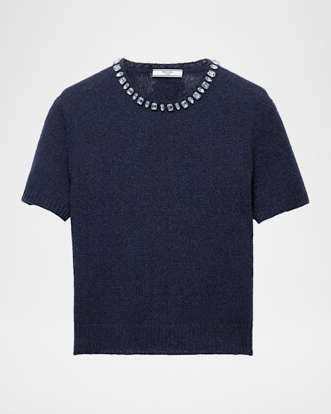 Prada V-Neck Short Sleeve Boxy Wool Sweater | Neiman Marcus