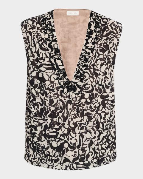 Dries Van Noten Clematis Striped Ruffle Cap-Sleeve Wrap Top