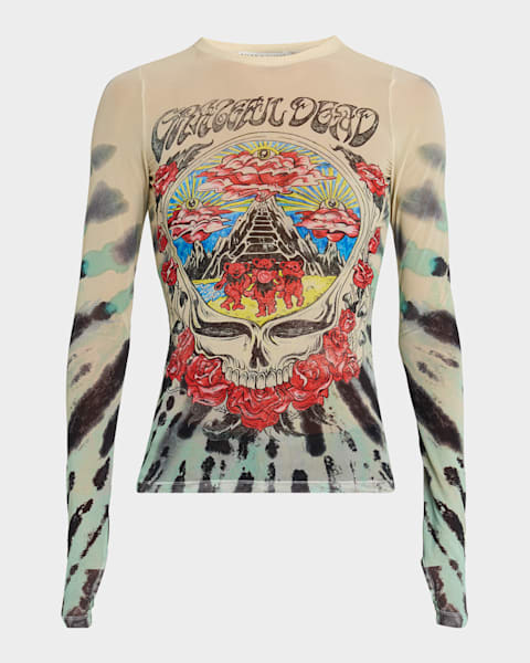 Sequined Label Mesh Long-Sleeve Top