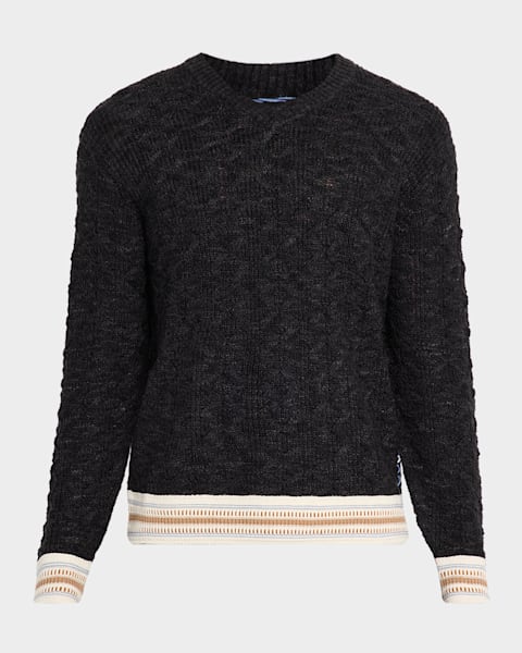 Thom Browne Men's Cotton Cable Knit Stripe-Trim V-Neck Sweater
