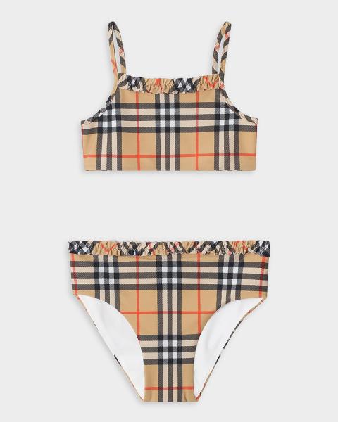 Burberry Girl's Fern Ruffled One-Shoulder Check One-Piece Swimsuit