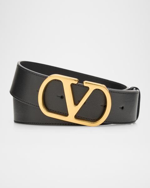 Valentino Garavani Men's Leather V Logo Buckle Belt | Neiman Marcus