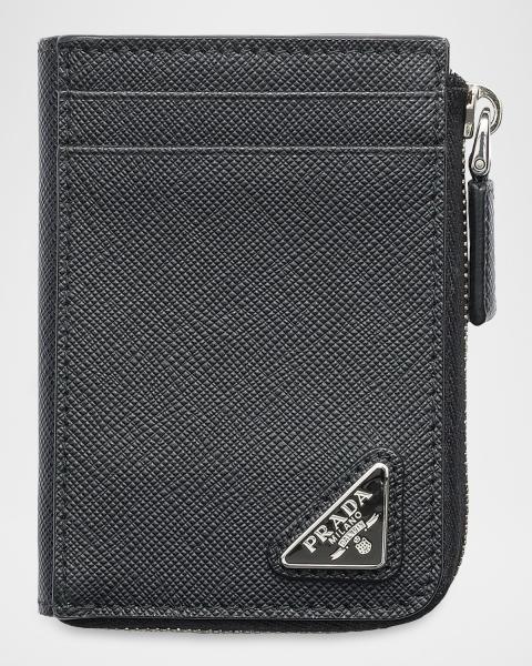 Prada Men's Saffiano Leather Zip Card Holder | Neiman Marcus