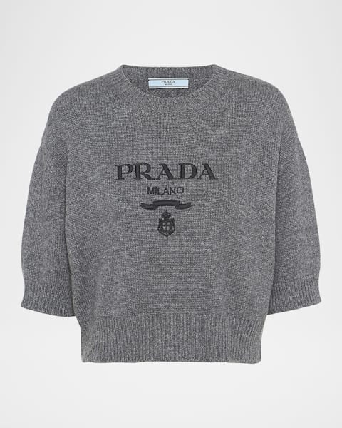 Prada Intarsia Logo Short-Sleeve Cashmere Sweater | Neiman Marcus