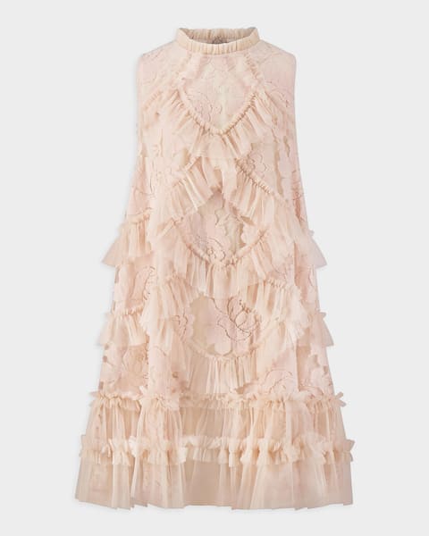 Girl's Floral Mesh Ruffle Dress, Size 2-14