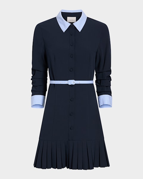Cinq a Sept Lucilla Topstitched Pleated-Hem Mini Shirtdress | Neiman Marcus