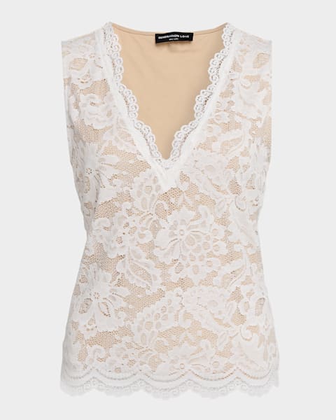 Prada Ribbed Lace-Trim Tank Top with Triangle Logo | Neiman Marcus