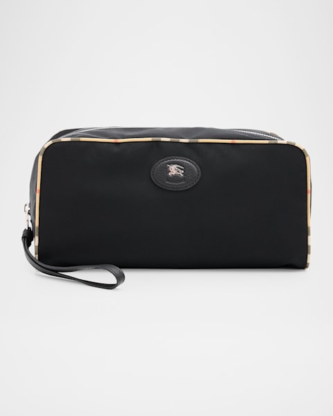 Burberry Men's Charcoal Check Leather Travel Zip Pouch | Neiman Marcus
