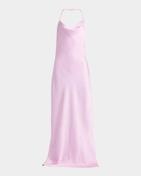 Liv Foster Knot-Embellished Satin Halter Gown | Neiman Marcus