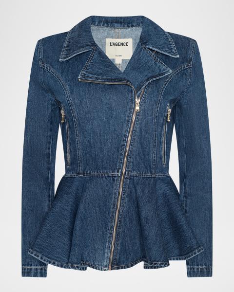 Cinq a Sept Delanie Scrunched-Sleeve Peplum Denim Jacket | Neiman