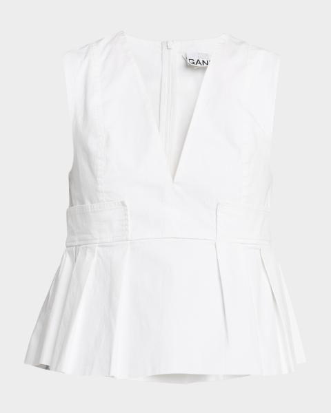 Ganni Tie-Front Tweed Denim Peplum Top | Neiman Marcus