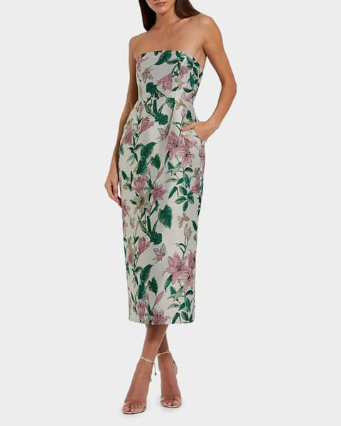 green emerald velvet dress Mac Duggal Women's Strapless Floral Embroidered A-Line Midi Dress - Blue - Size 16