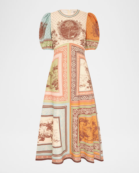 knee length dresses for ladies Alémais Orange Blossom Spliced Midi Dress in Multi main image 0