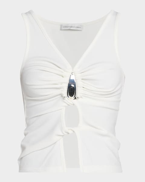 Prada Ribbed Lace-Trim Tank Top with Triangle Logo | Neiman Marcus