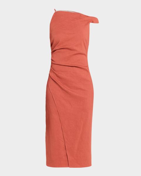 Brunello Cucinelli Metallic Linen Rib Short-Sleeve Midi Dress