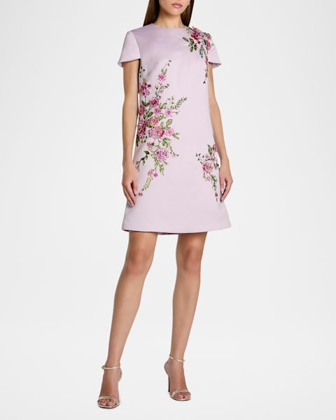 Mac Duggal Floral Embroidered Round-Neck Midi-Dress | Neiman Marcus