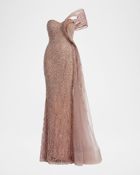 Aidan Mattox Pleated Metallic Chiffon Column Gown | Neiman Marcus