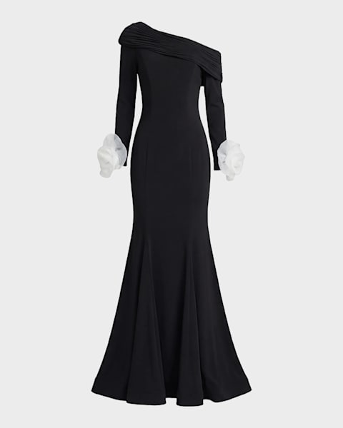 black halo off the shoulder dress Navy Molten Off Shoulder Gown
