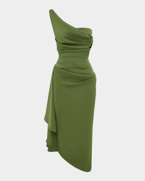 alex perry dress green Long-Sleeve Draped Satin Crepe Midi Strapless