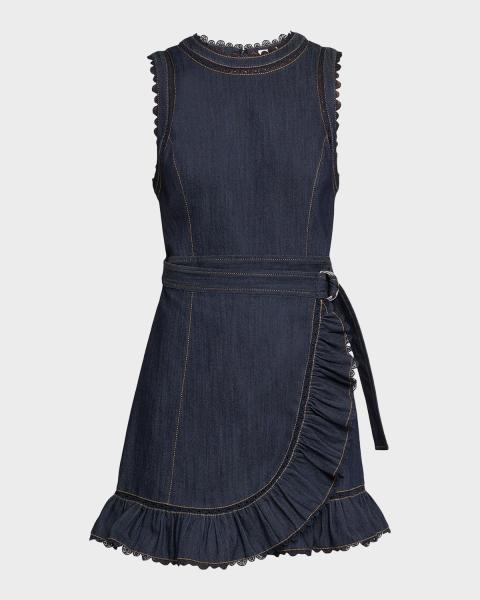 Cinq à Sept Zelda Belted Asymmetric Sleeveless Denim Midi Dress