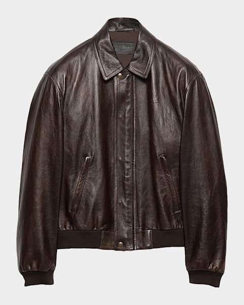 PRADA レザージャケット ラムレザー シングル ブラウン サイズ48 Prada Men's Suede And Sheep Shearling Bomber Jacket | Neiman Marcus