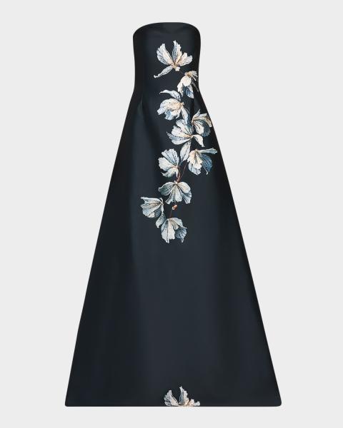 Kay Unger New York Phoebe 3/4-Sleeve Collared Poplin A-Line Gown