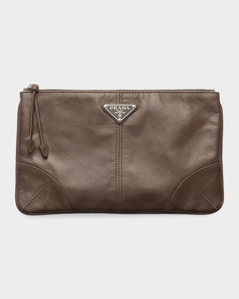 Beige/cognac Canvas And Leather Pouch | PRADA - United States 