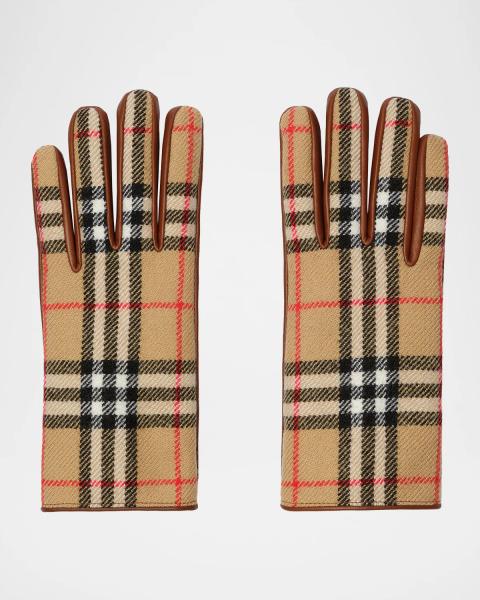 Burberry Men's Check Wool and Leather Gloves | Neiman Marcus