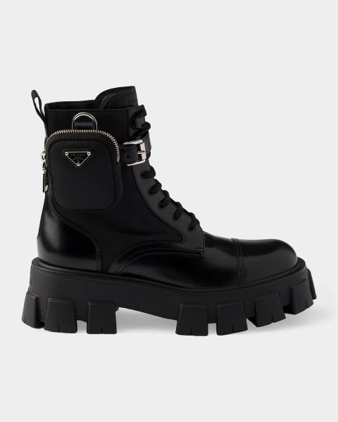 PRADA コンバットブーツ ブラック Prada Monolith Leather & Re-Nylon Combat Boots | Neiman Marcus