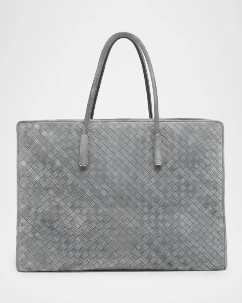 バッグ Bottega Veneta Intrecciato Tote Bag Gray Bottega Veneta Men's Small Intrecciato Leather Zipped Tote Bag
