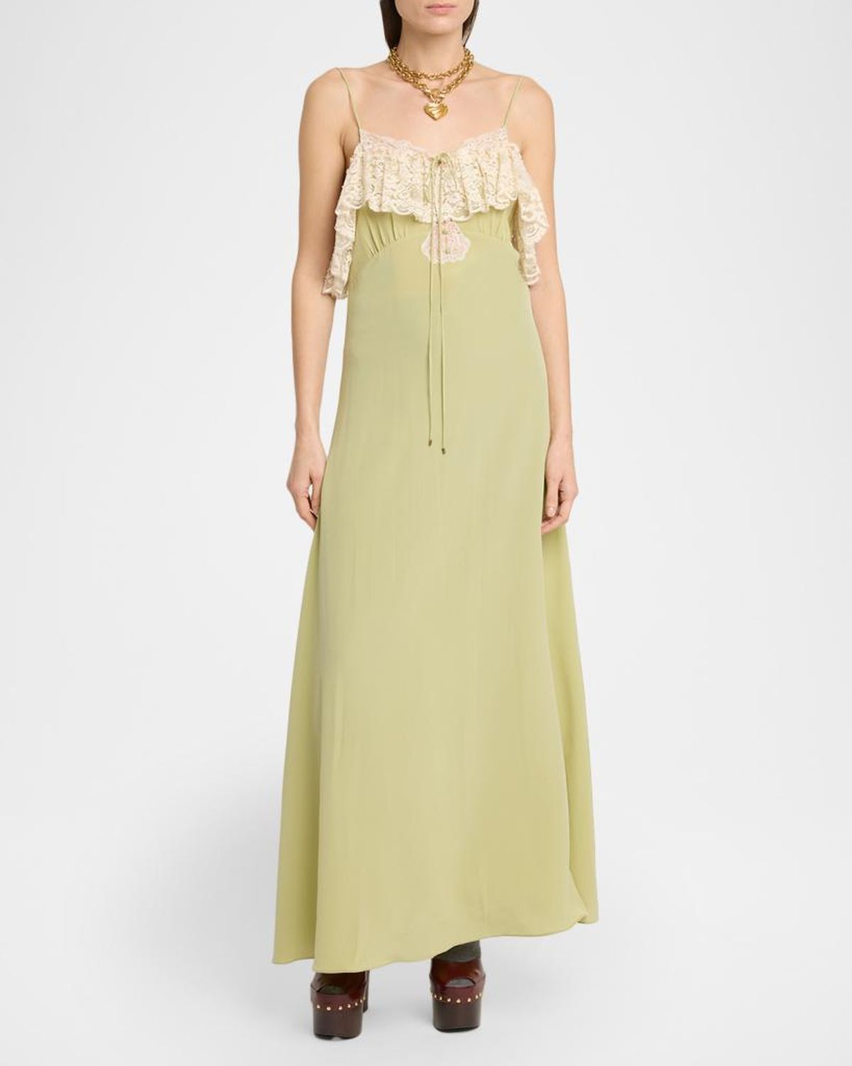 Chloé Chloe Lace-trim Silk-georgette Maxi Dress In Green