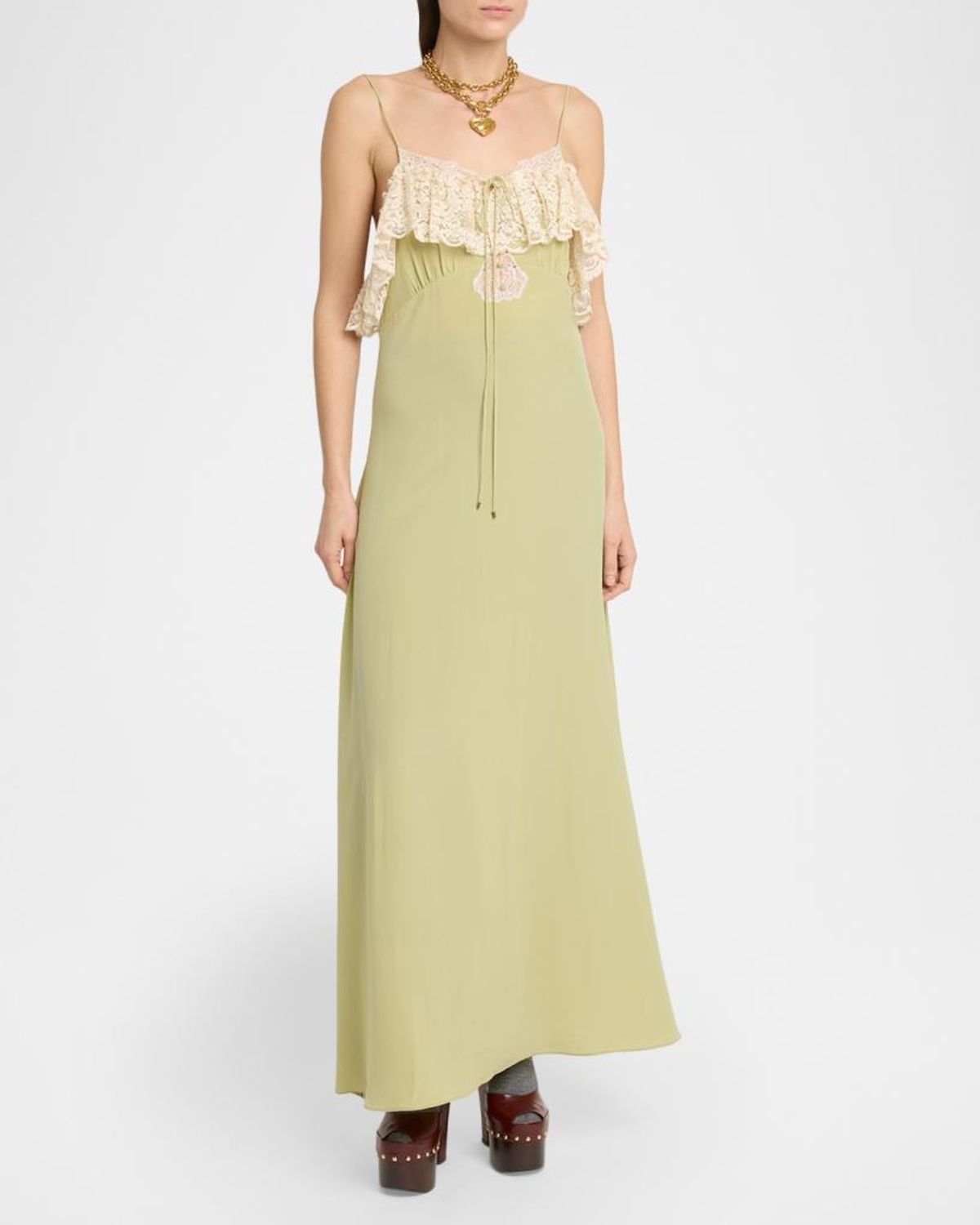 Chloé Chloe Lace-trim Silk-georgette Maxi Dress In Green