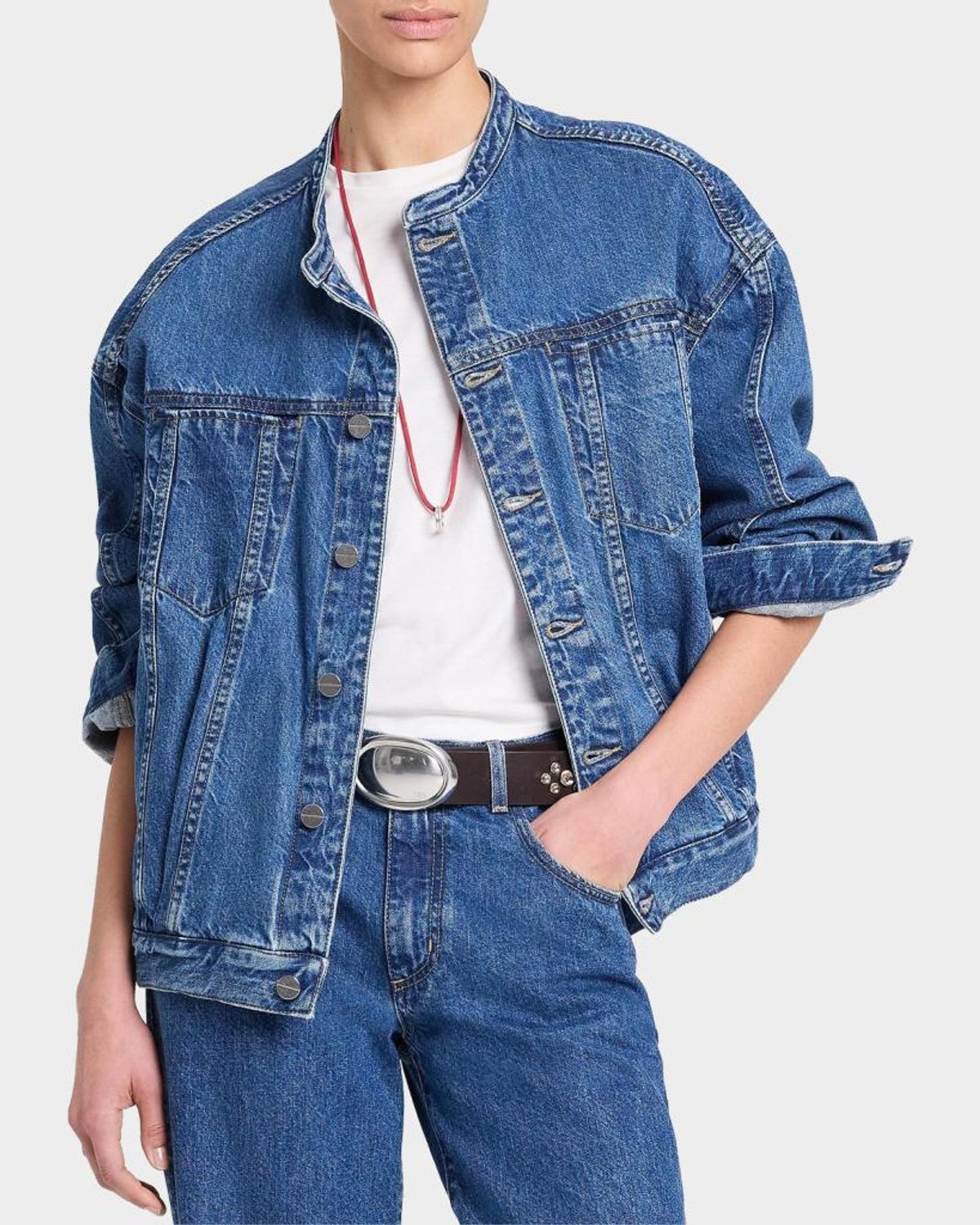 Twp Dawson Collarless Denim Jacket In Blue