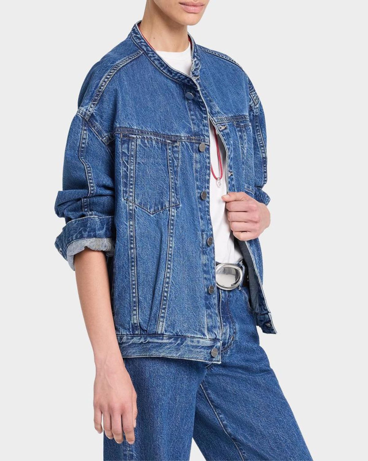 Twp Dawson Collarless Denim Jacket In Blue