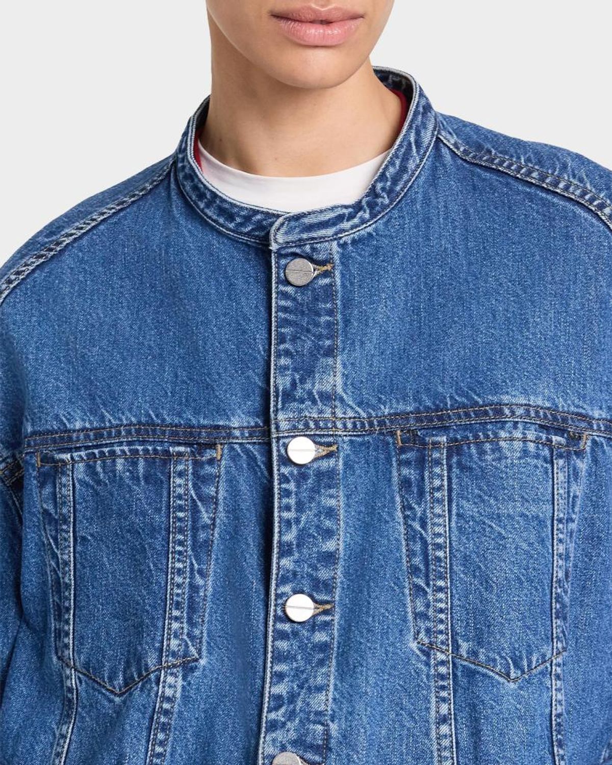 Twp Dawson Collarless Denim Jacket In Blue