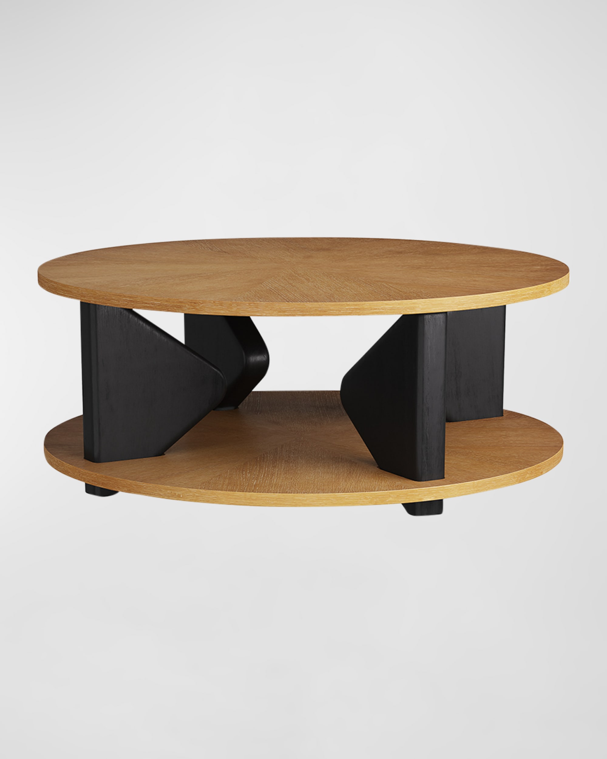Blaine coffee table round wood top with black geometric supports